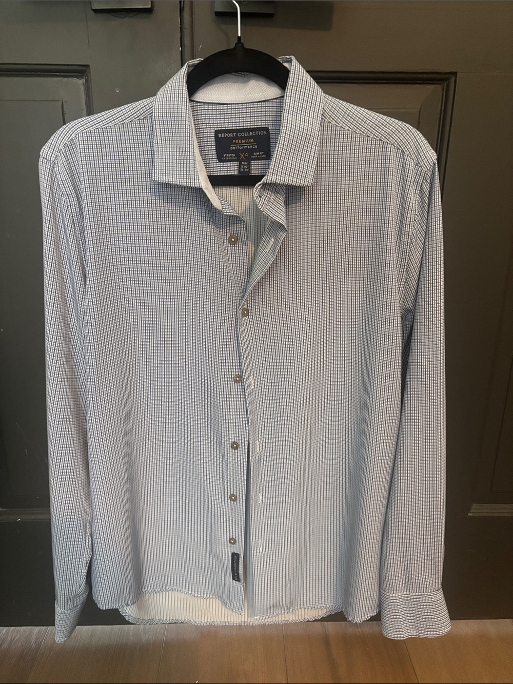 Report Collection Men's Light Blue Micro-Check Dress Shirt